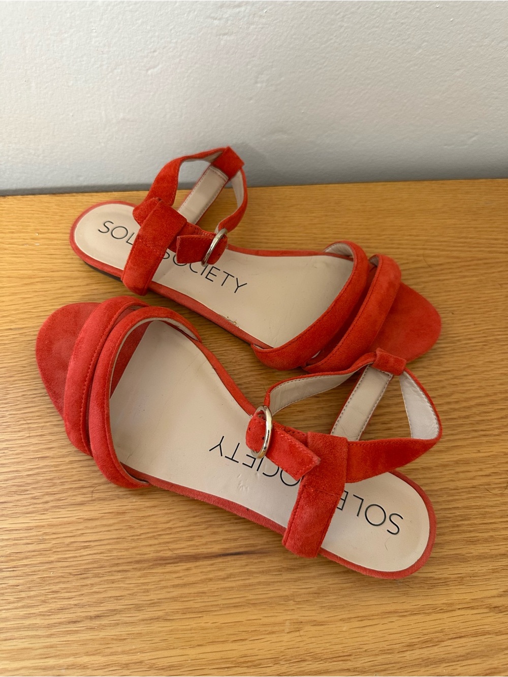 Sole Society Red Faux Suede Ankle Strap Flat Sandals Size 6.5